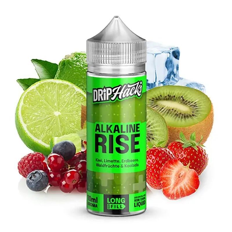 Aroma Alkaline Rise von Drip Hacks Drip Hacks Aroma Alkaline Rise Flasche, umgeben von Kiwi, Limette, Erdbeeren und Waldfrüchten mit Eiswürfeln im Hintergrund und grünem Label.