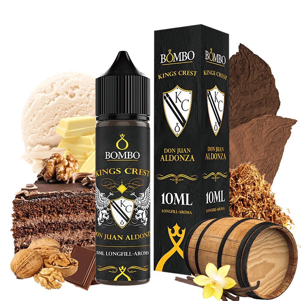 Kings Crest Aroma - Don Juan Aldonza Kings Crest Aroma Don Juan Aldonza Flasche und Verpackung, Schokoladenkuchen, Vanille, Walnüsse, Cremesoft und Tabakblätter mit einem Holzfass.