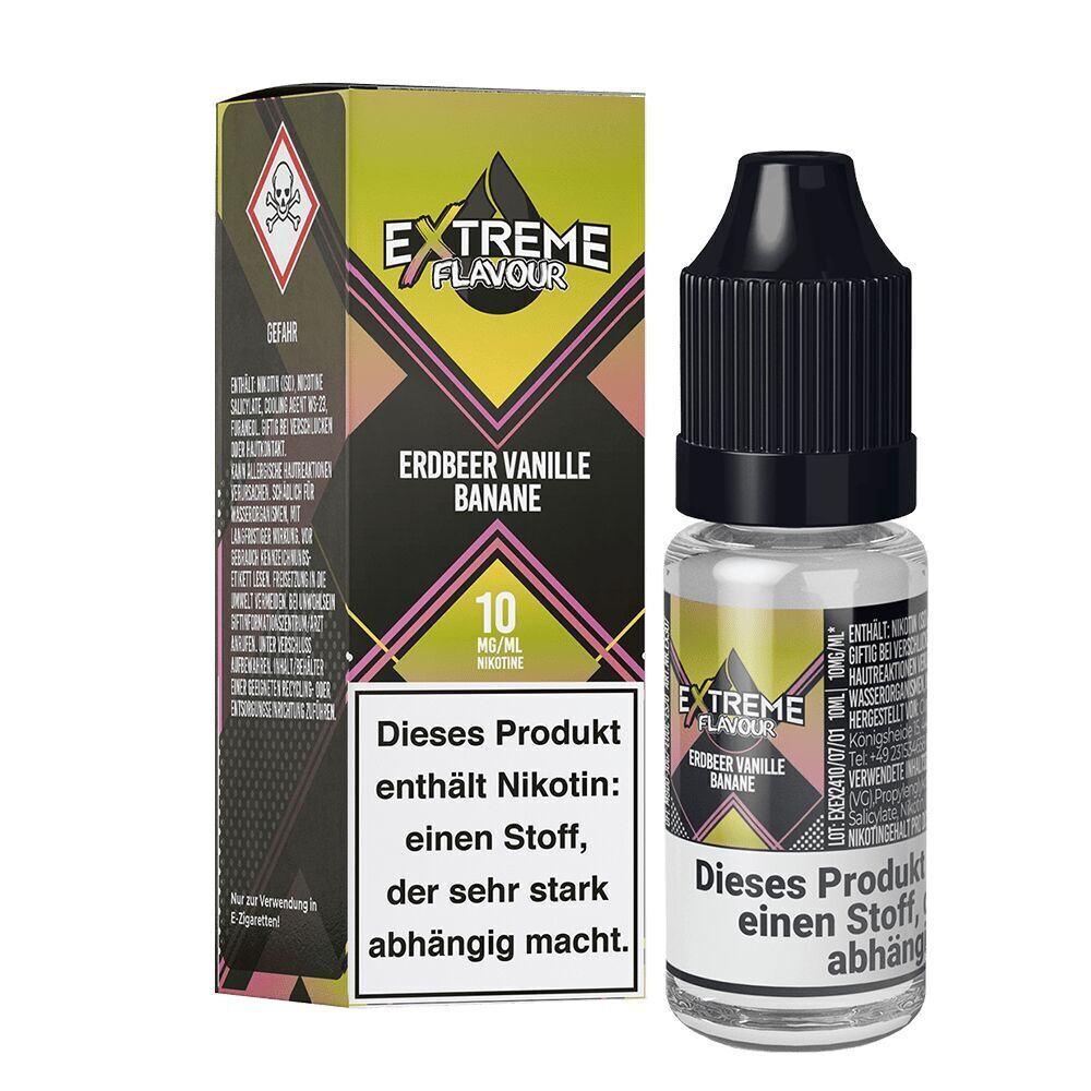 Liquid Erdbeer Vanille Banane 10mg - Extreme Flavour Flasche und Verpackung von "Extreme Flavour" Nikotinsalz mit Erdbeer Vanille Banane Aroma, Nikotinstärke 10 mg/ml, Warnhinweise auf beiden.