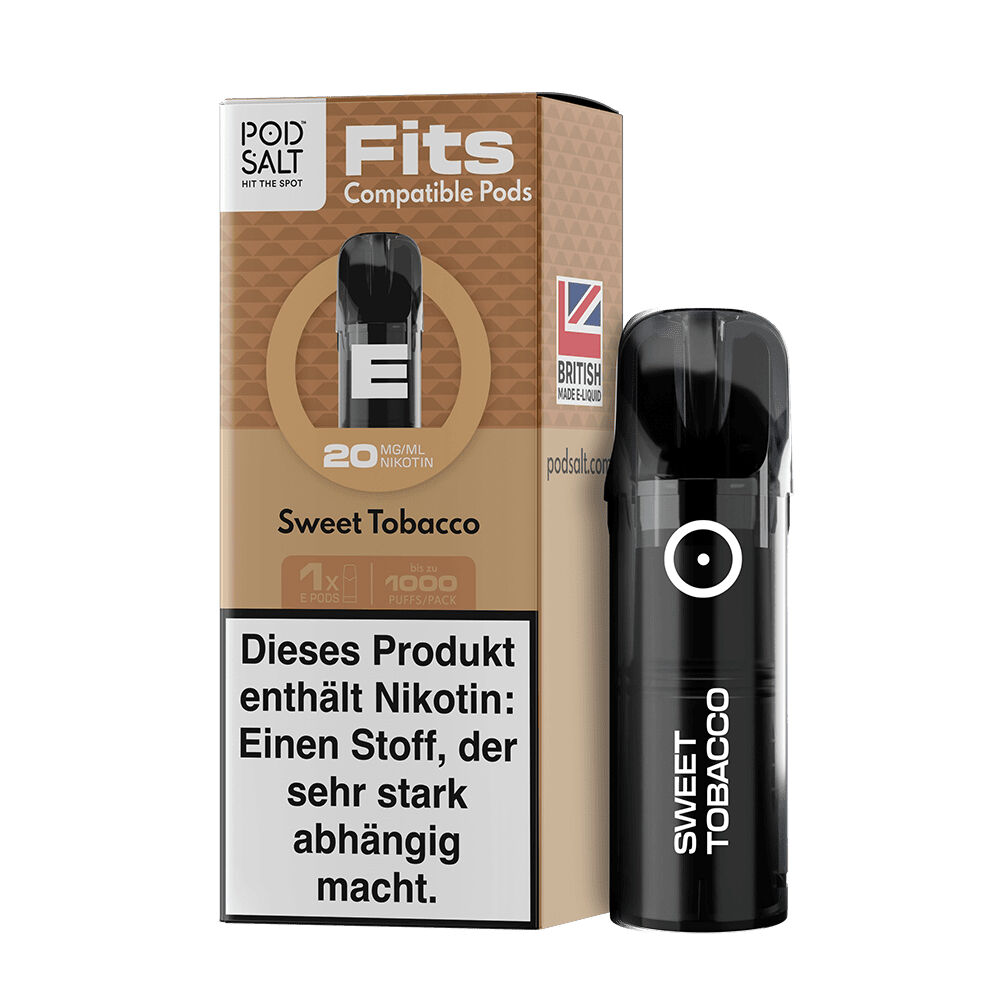 Pod Salt Fits Pods - Sweet Tobacco 20mg Pod Salt Fits Pods Sweet Tobacco 20mg Verpackung und E-Zigarettenpod, enthält Hinweis auf Nikotininhalt und britische Produktion.