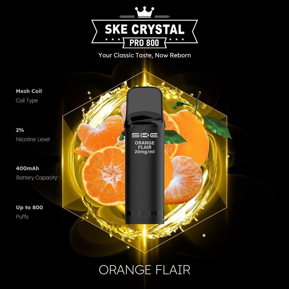 SKE Crystal 800 Pro Pods - Orange Flair SKE Crystal Pro Pods - Orange Flair 20mg E-Zigarette mit Mesh Coil, 2% Nikotin, 400mAh Batterie, bis zu 800 Züge, umgeben von Orangenabbildungen