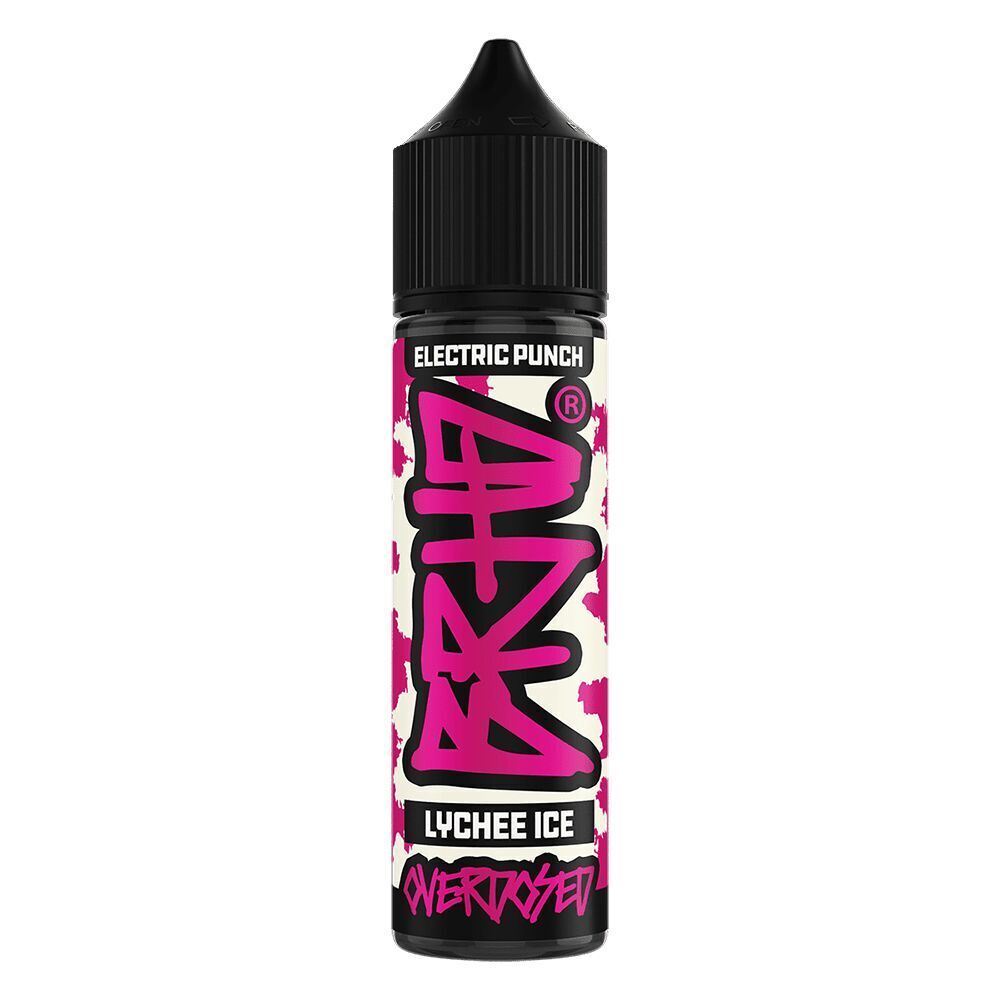 Aroma Lychee Ice von BRHD Flasche mit schwarzem Deckel, darauf steht BRHD Aroma Lychee Ice Electric Punch, Hintergrund mit pinkem und weißem Design, Schriftzüge in Pink und Schwarz