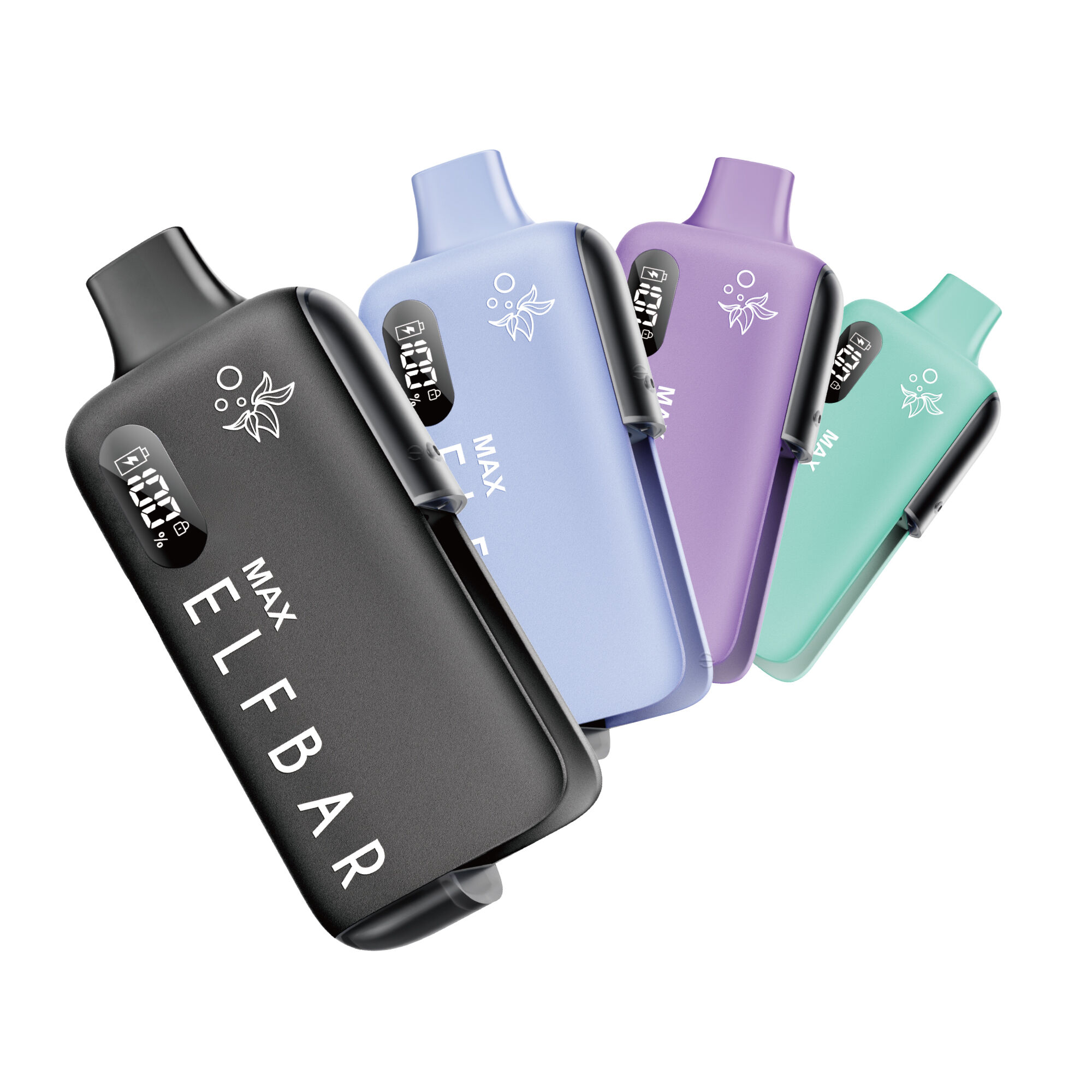 Elfbar Max Pod Kit Verschiedene Elfbar Max Pod Kits in Schwarz, Blau, Lila und Mint mit Displays und Logos, leicht versetzt angeordnet.