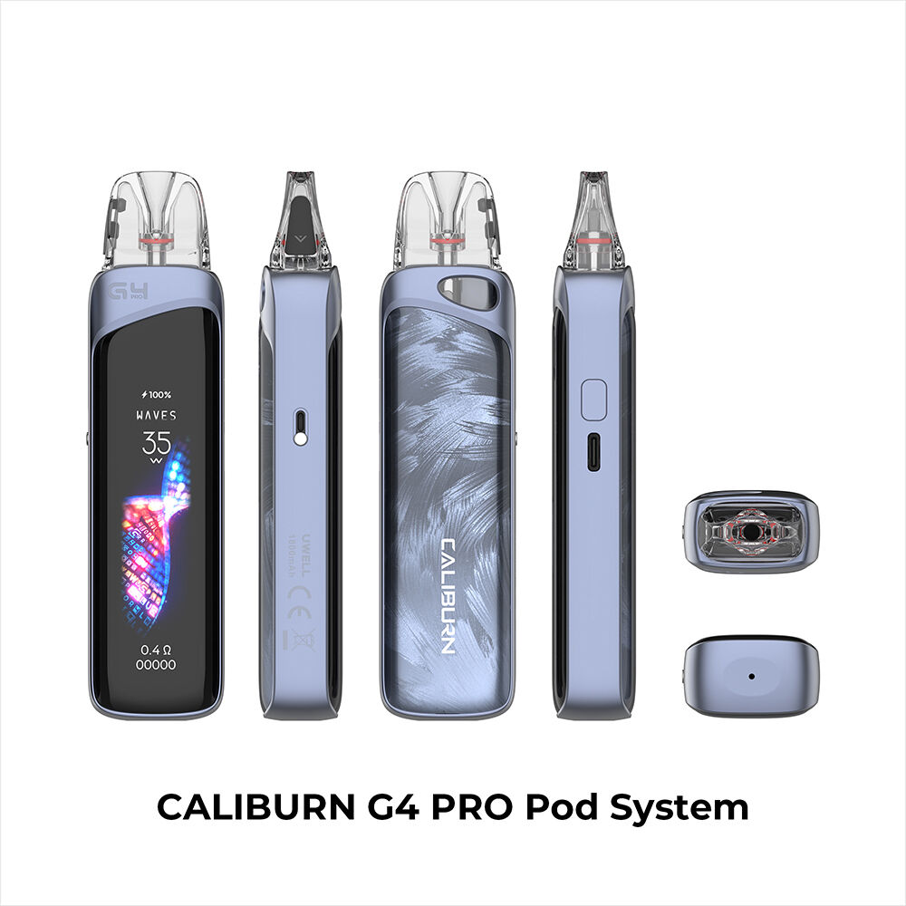 Uwell Caliburn G4 Pro Pod Kit in Ink Blue, gezeigt in mehreren Ansichten mit Display-Anzeige und einem Pod neben einem Mundstück.