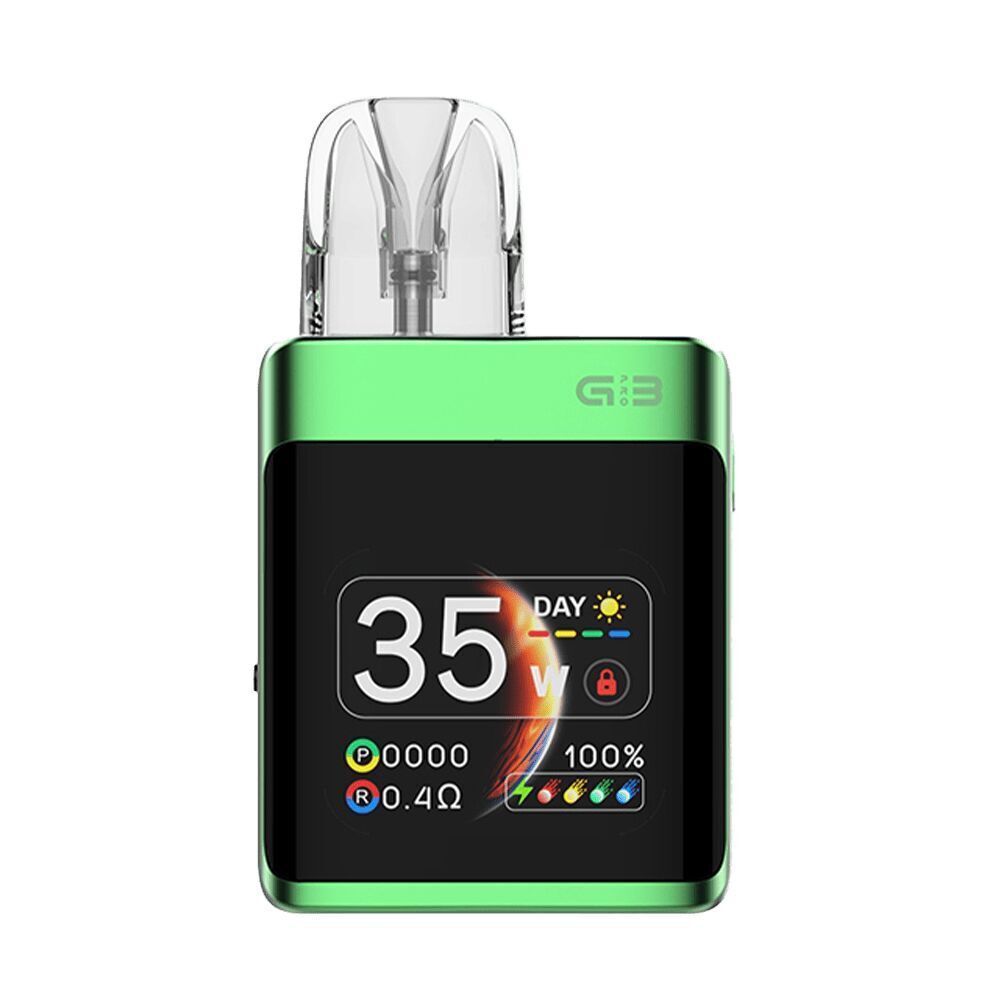 Uwell Caliburn G3 Pro Koko Pod Kit in der Farbe Emerald Green Uwell Caliburn G3 Pod Kit in Emerald Green mit Displayanzeige „35 DAY“, Leistung, Widerstand und Akkukapazität sichtbar.
