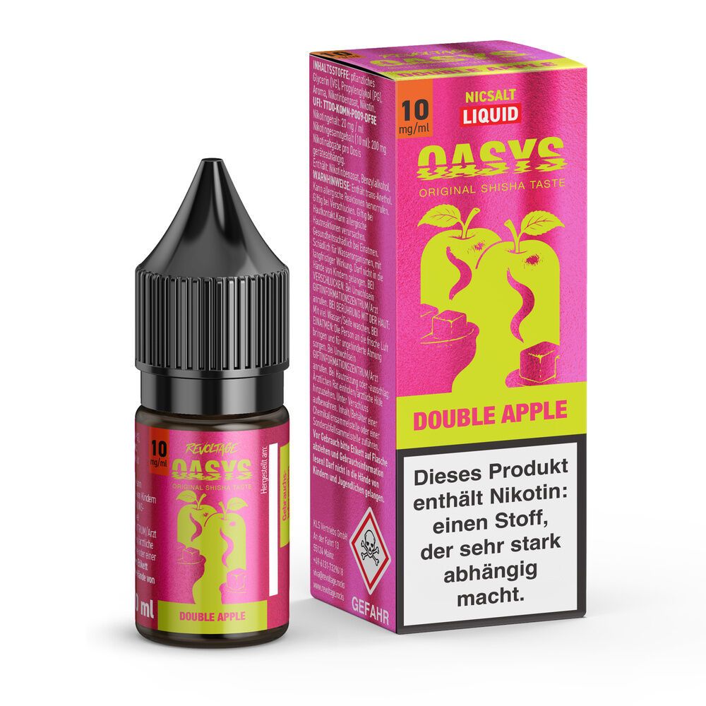Revoltage Oasys Hybrid Liquid Double Apple Flasche und Verpackung in pink mit Warnhinweis; Nikotingehalt 10 mg/ml