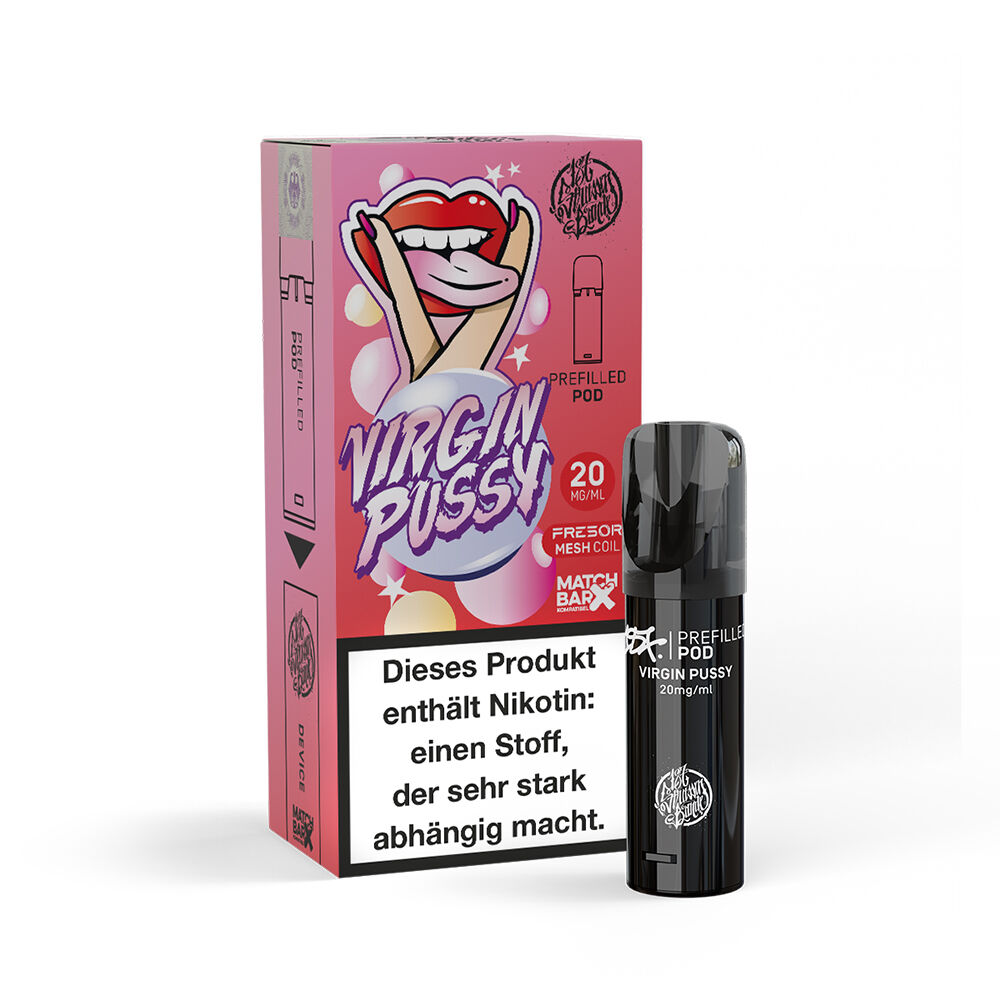 Virgin Pussy 20mg - 187 Strassenbande Pods Produkt-Verpackung der 187 Strassenbande Virgin Pussy Pod, 20mg Nikotingehalt, Warnhinweis auf der Vorderseite, bunte Illustrationen.