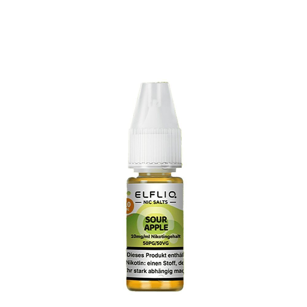 Elfliq Nikotinsalz - Sour Apple 10mg Flasche Elfliq Nikotinsalz Sour Apple, 10mg Stärke, mit grünem Etikett, weißem Verschluss und Warnhinweis.