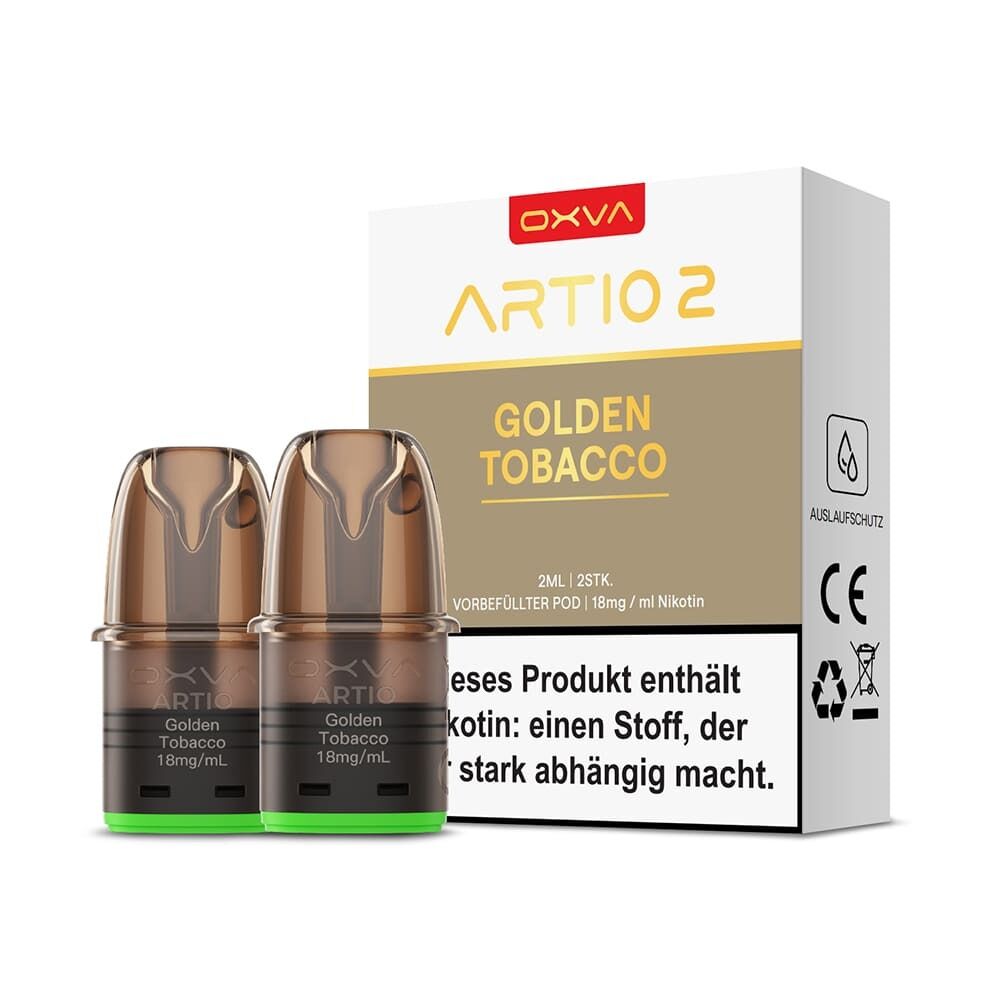 Oxva Artio 2 Pods - Golden Tobacco 18mg Oxva Artio 2 Pods Golden Tobacco 18mg Packung mit zwei braunen Pods, sichtbare Nikotinkonzentration, Markenlogo und Verpackungshinweise