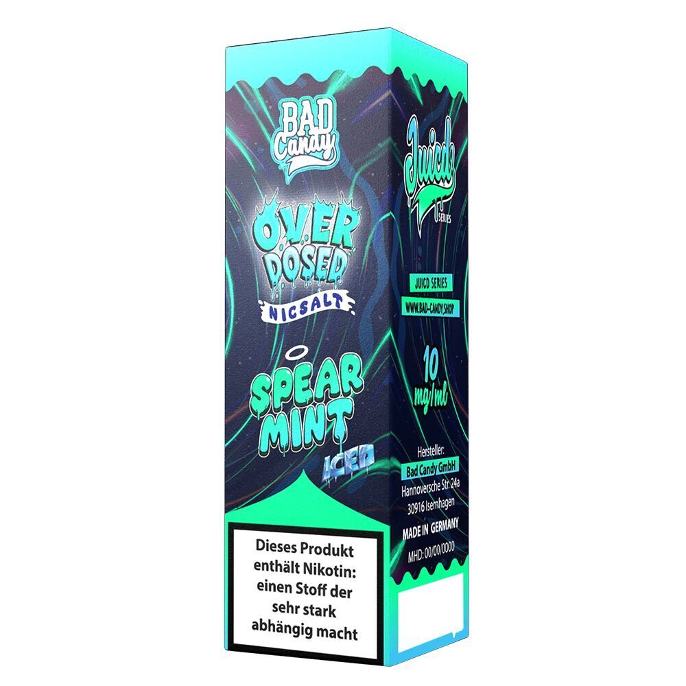 Liquid Spearmint Iced 20mg - Bad Candy Overdosed Verpackung von Bad Candy Overdosed Nikotinsalz – Spearmint Iced, 10 mg/ml, enthält Warnhinweis zu Nikotinabhängigkeit, Design in Blau und Grün.