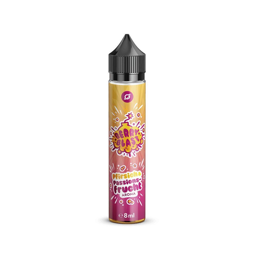 Flasche mit Flavorverse Aroma aus Pfirsich und Passionsfrucht, bunte Berry Blast Verpackung, 8 ml, schwarzer Deckel.