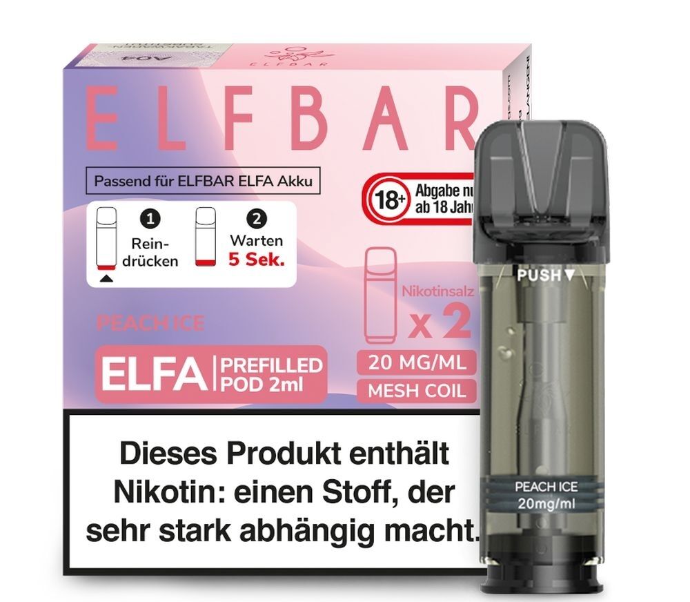Peach Ice Elfa Pods von Elfbar 20mg Elfbar ELFA Pods, Peach Ice 20mg, Verpackung mit Warnhinweis, enthält zwei Prefilled 2ml Pods, passend für ELF Akku, Nikotinsalz.