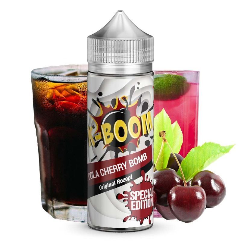 Aroma Cola Cherry Bomb von K-Boom K-Boom Aroma Cola Cherry Bomb Flasche neben Glas mit Cola-Getränk, rotem Getränk und Kirschen, Special Edition auf Etikett