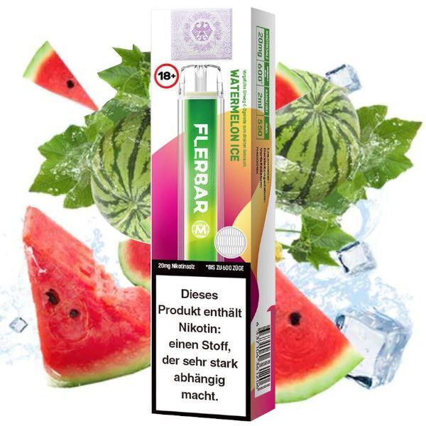 Watermelon Ice mit 20mg Nikotin Flerbar E-Shisha Flerbar Watermelon Ice E-Zigarette Verpackung mit Wassermelonen und Eiswürfeln im Hintergrund, Warnhinweis zu Nikotin abgebildet