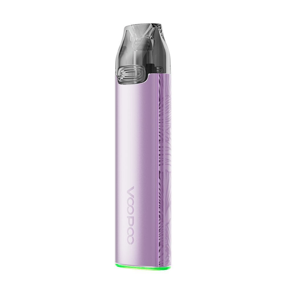 Voopoo Vmate Pro 2 Pod Kit - Lavender Voopoo Vmate Pro 2 Pod Kit in Lavendel, schlankes Design, transparente Kappe, subtile Muster, grüner Akzent unten
