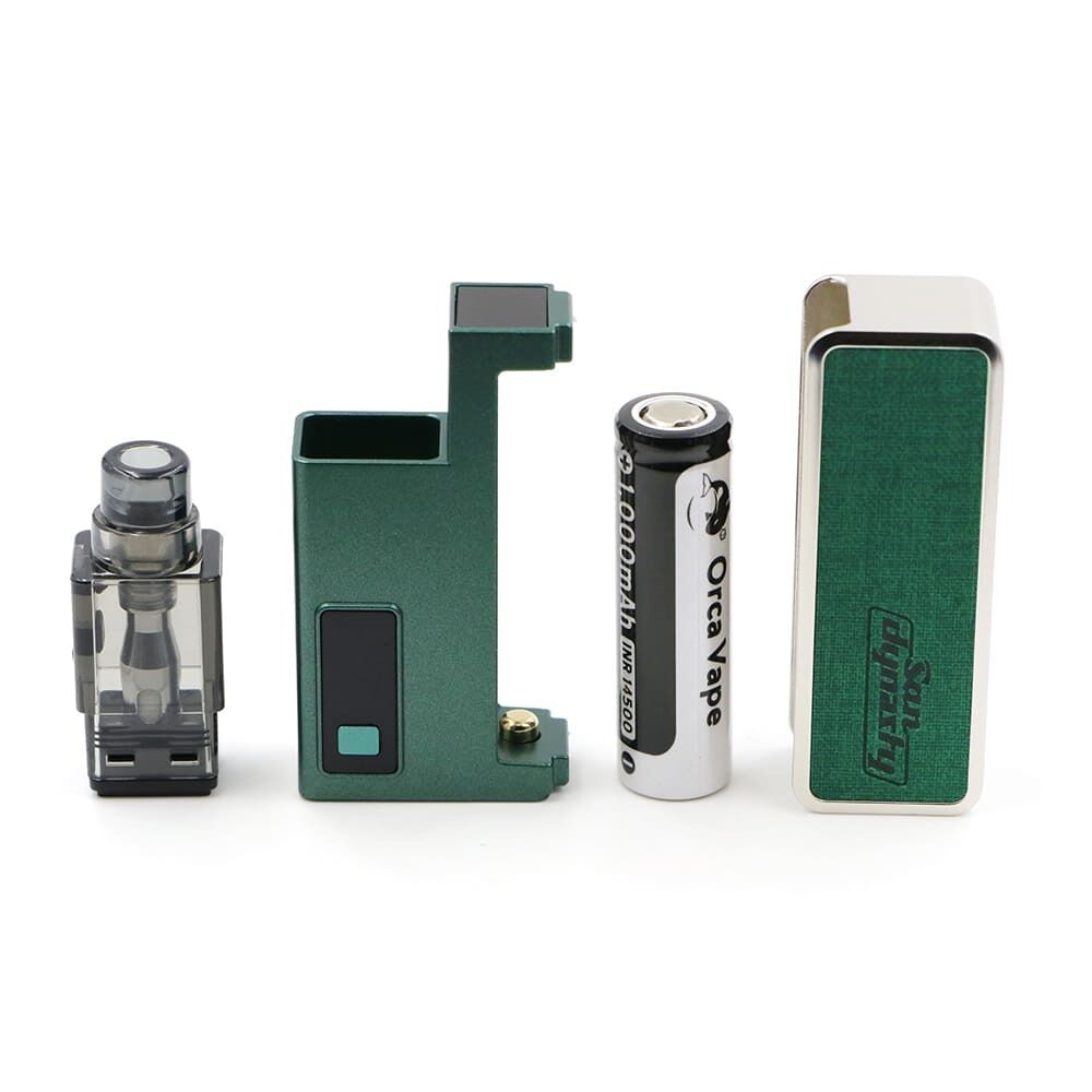 Orca Vape San Dynasty Pod Kit Orca Vape San Dynasty Pod Kit in Choco, bestehend aus einer Batterie, Cartridge, Hülle und Zelle mit Orca Vape Logo.