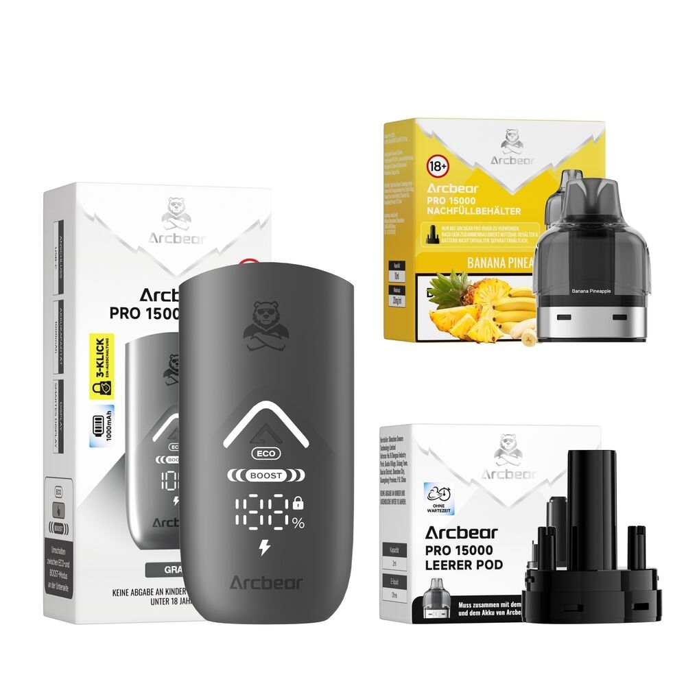 Arcbear Pro 15000 Set - Banana Pineapple 20mg Arcbear Pro 15000 Set mit grauem Gerät, Banana Pineapple Nachfüllbehälter und leerem Pod sichtbar, Verpackungen im Hintergrund.