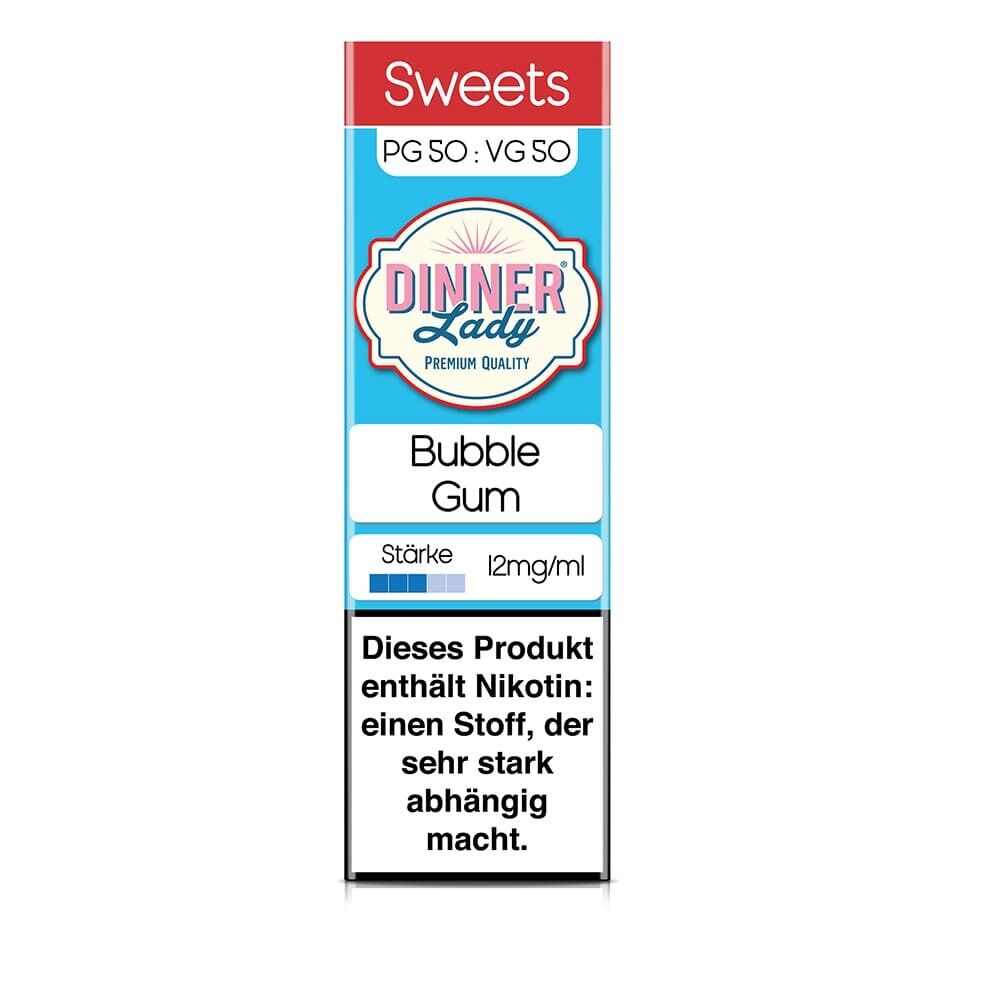 Dinner Lady Liquid Bubblegum 12mg E-Liquid mit Hinweis auf Nikotininhalt, Stärkeanzeige und Sweets-Kategorie, PG/VG-Verhältnis 50:50.
