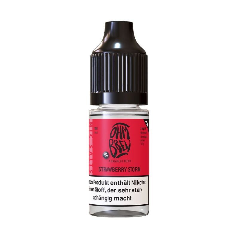 Ohm Brew Nikotinsalz - Strawberry Storm Ohm Brew Nikotinsalz Strawberry Storm Flasche mit rotem Etikett, enthält 3mg Nikotin, Warnhinweis unten auf dem Etikett sichtbar