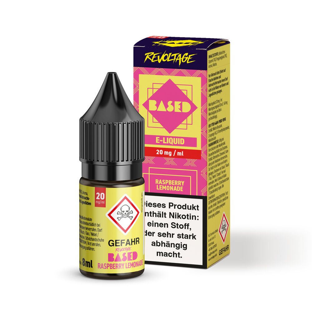 Flasche Revoltage Based Hybrid Liquid Raspberry 20mg neben passender Verpackung mit Warnhinweisen und Raspberry Lemonade-Label.