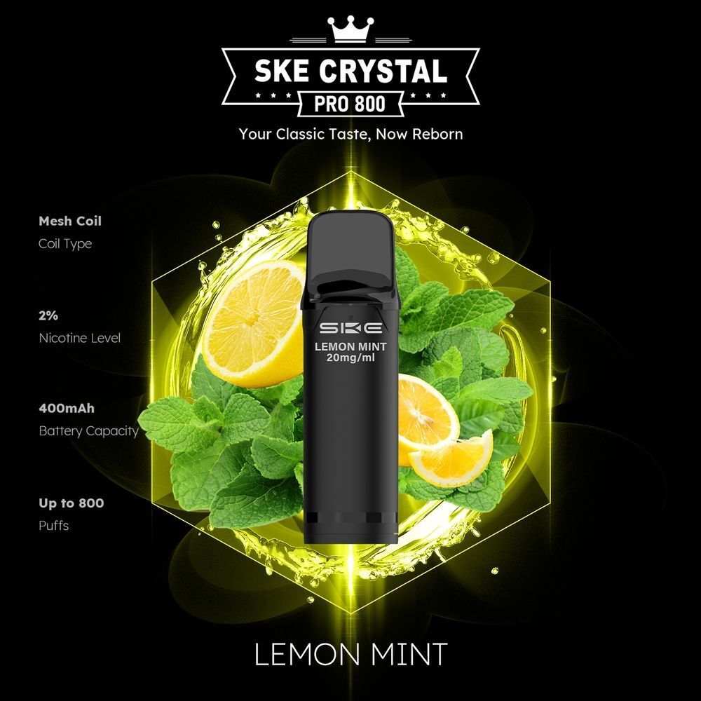 SKE Crystal 800 Pro Pods - Lemon Mint SKE Crystal Pro Pod vor Zitronen- und Minzeblättern, 20mg/ml Nikotin, 400mAh Batterie, bis zu 800 Züge.