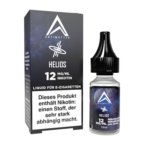 Liquid Helios mit 12mg Nikotin von Antimatter Antimatter Liquid Helios 12mg Nikotinflasche und Verpackung mit Warnhinweis für E-Zigaretten, kosmisches Design.