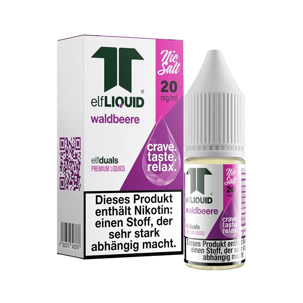 Elf Liquid Nikotinsalz - Waldbeere Elf Liquid Nikotinsalz Waldbeere 20 mg/ml Flasche neben Verpackung, beide mit Aufschrift crave taste relax und Warnhinweis zu Nikotingehalt.