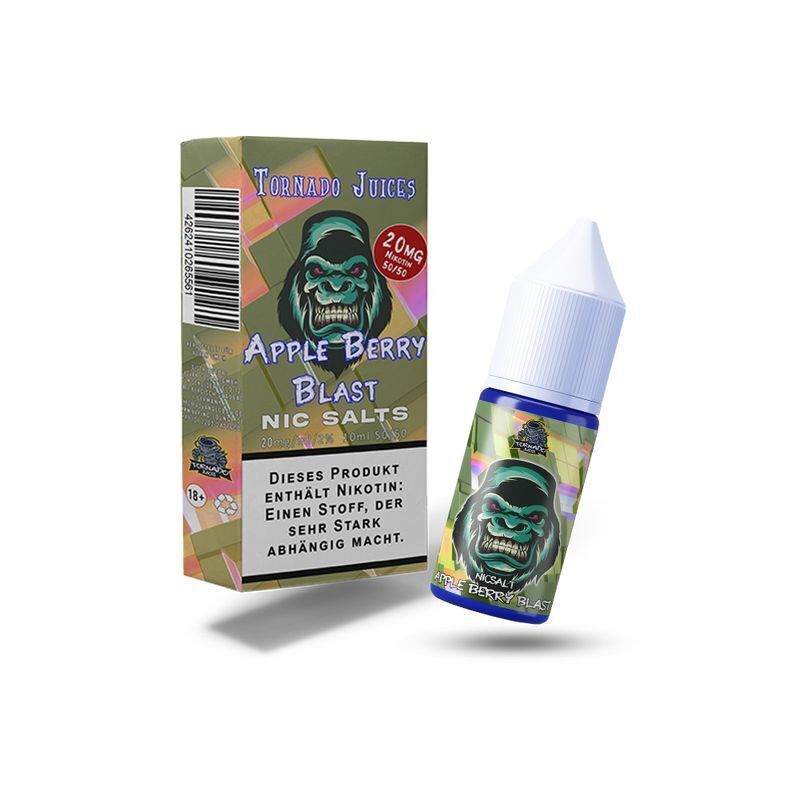 E-Liquid-Verpackung und Flasche für Tornado Juice Nikotinsalz Apple Berry Blast 20mg mit auffälligem Gorilla-Design und Warnhinweis.