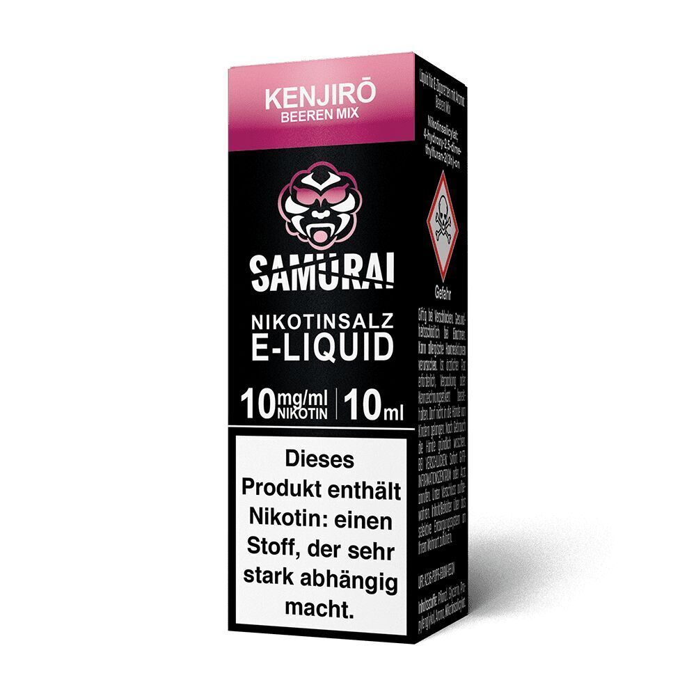 Liquid Kenjiro Beeren Mix 10mg - Samurai Samurai Nikotinsalz E-Liquid Kenjiro Beeren Mix in 10 ml Flasche mit 10 mg/ml Nikotin, Warnhinweis zu Abhängigkeit und Gefahrensymbol enthalten.