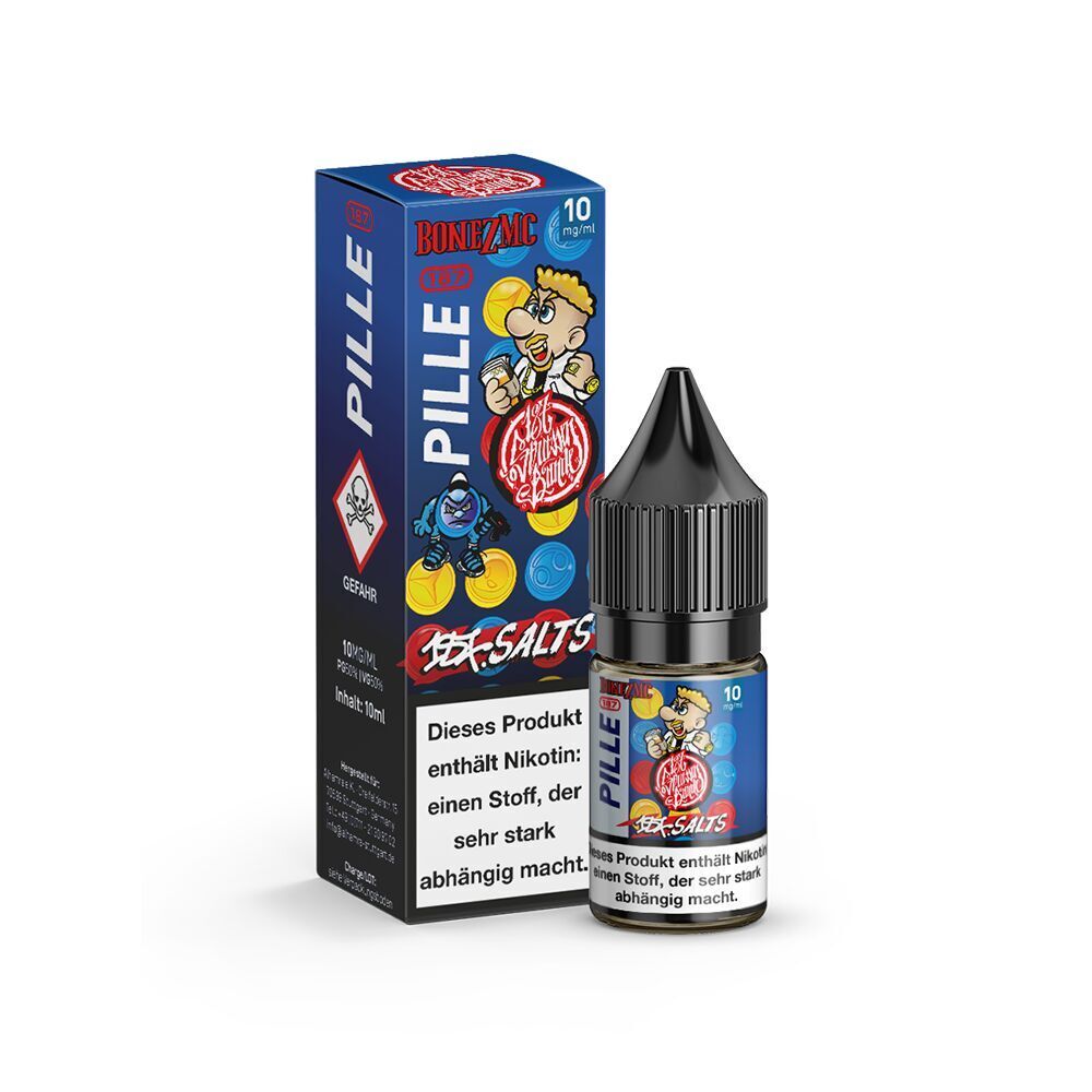 187 Strassenbande Liquid - Pille Bonez MC 10mg E-Liquid Flasche und Verpackung mit Cartoon-Design von 187 Strassenbande, Aufschrift Pille Bonez MC, enthält Nikotinwarnung