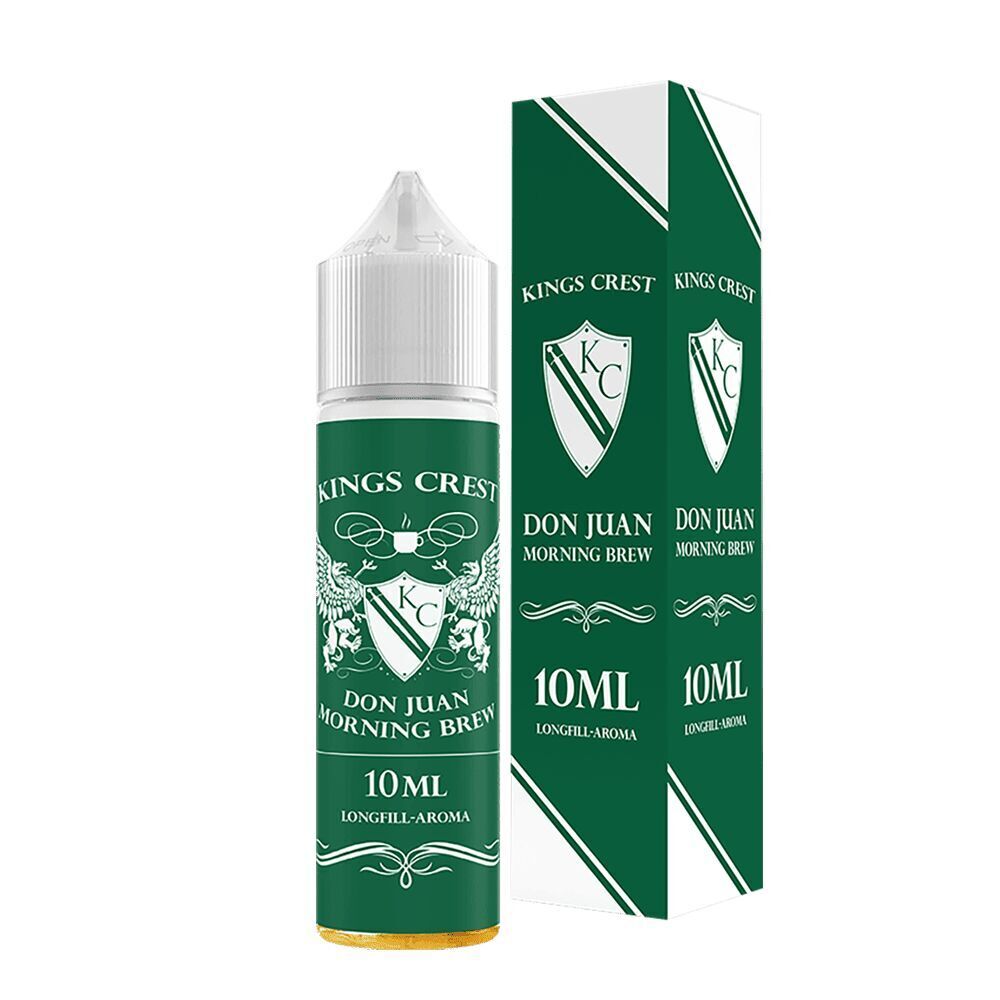 Kings Crest Aroma - Don Juan Morning Brew Kings Crest Aroma Flasche und Verpackung von Don Juan Morning Brew, grün mit weißen Details und dem Logo, 10ml Longfill-Aroma.
