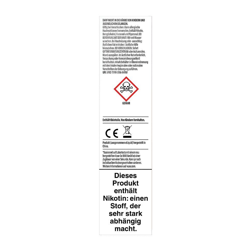 Creamy Tobacco 20mg - Vuse GO 1000 Einweg Warnhinweise und Gefahrensymbol auf der Verpackung von Vuse GO 1000 - Creamy Tobacco 20mg, inklusive Nikotinhinweis und CE-Kennzeichnung.