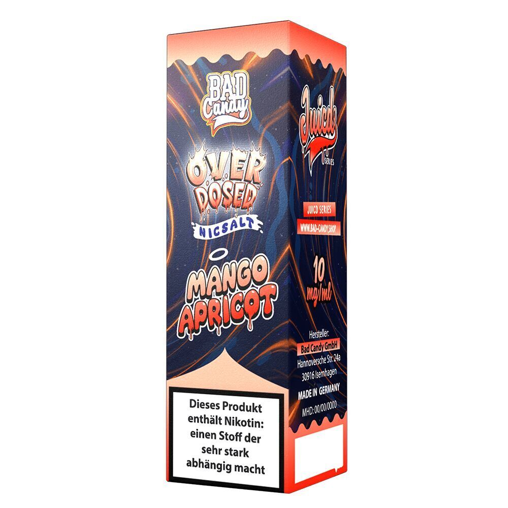 Liquid Mango Apricot 20mg - Bad Candy Overdosed Verpackung von Bad Candy Overdosed Nicsalt mit Geschmacksrichtung Mango Apricot, gekennzeichnet mit 10 mg/ml Nikotingehalt und Warnhinweis.