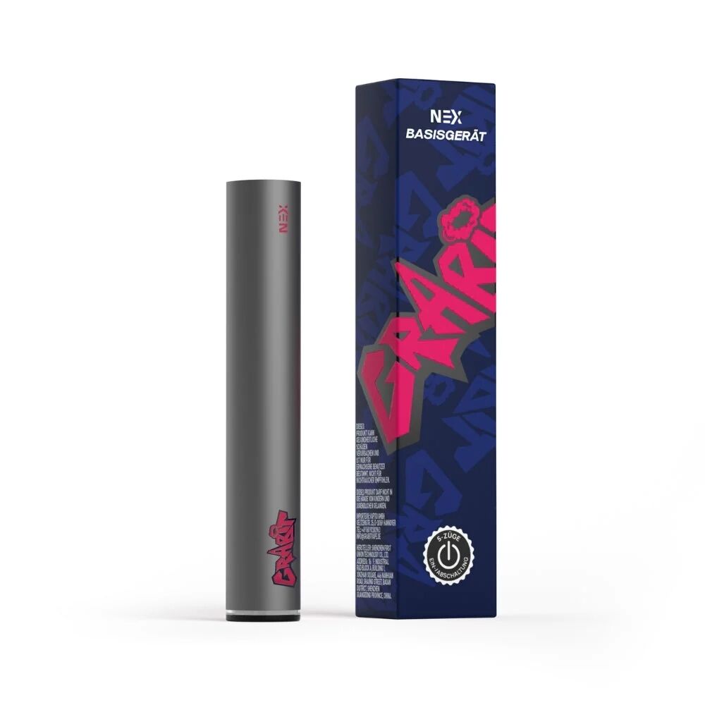 Grabit Nex Akku Basisgerät 500mAh in Grau vor blauer Verpackung mit pinkem Graffiti-Schriftzug.