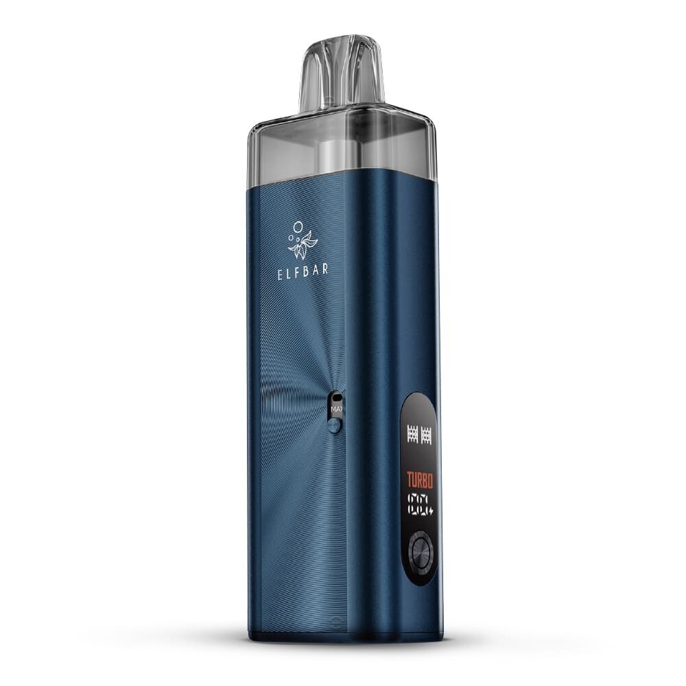 Elfbar Elfx Mega Pod Kit in Navy mit einem schimmernden Finish, einem Display mit „TURBO“-Anzeige und einem runden Knopf.
