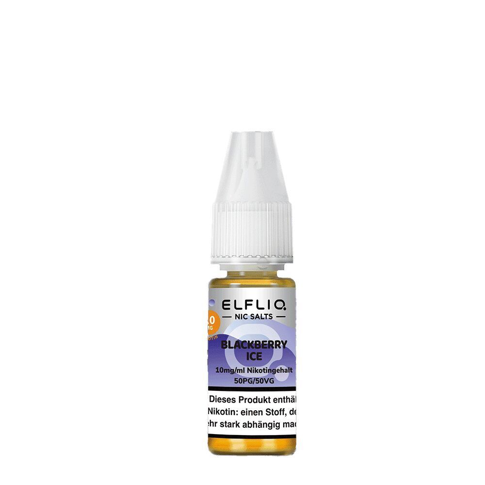 Elfliq Nikotinsalz - Blackberry Ice 10mg Elfliq Nikotinsalz-Flasche Blackberry Ice 10mg, Etikett mit Lila-Design und Text, unterer Warnhinweis sichtbar