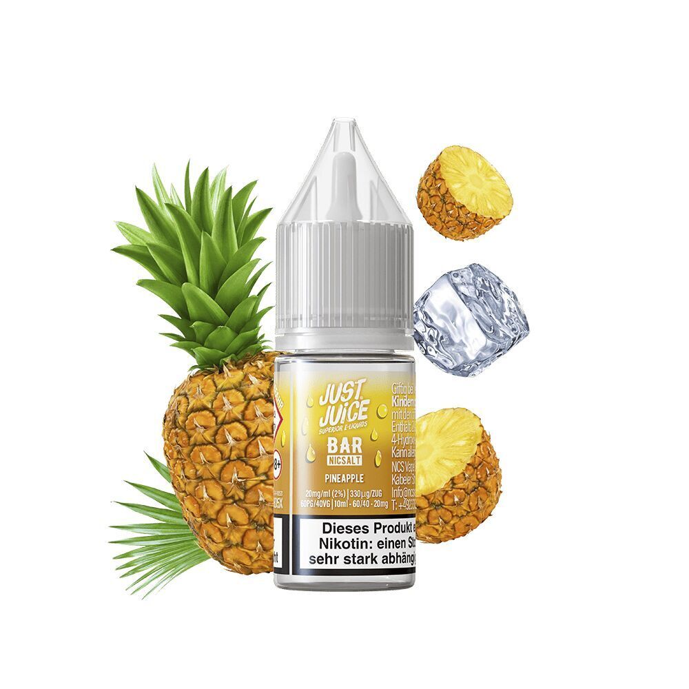 Liquid Pineapple 20mg - Just Juice Just Juice Nikotinsalz Pineapple 20mg mit Ananas, Ananasscheiben und Eiswürfelgrafiken auf hellem Hintergrund, Warnhinweis auf der Flasche