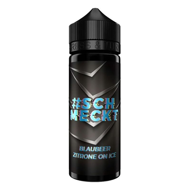 Aroma Blaubeer Zitrone Ice von #schmeckt Dunkle Flasche mit #SCHMECKT-Logo in blauem Text, Produktname Blaubeer Zitrone on Ice, mit schwarzem Verschluss.