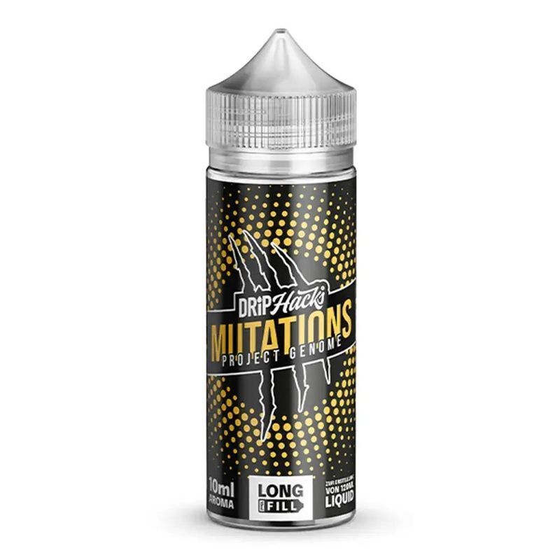 Aroma Mutations Project Genome von Drip Hacks Drip Hacks Aroma Flasche, Mutations Project Genome, schwarzes Design mit gelben Punkten und Kratzspuren, 120ml Longfill Flüssigkeit.