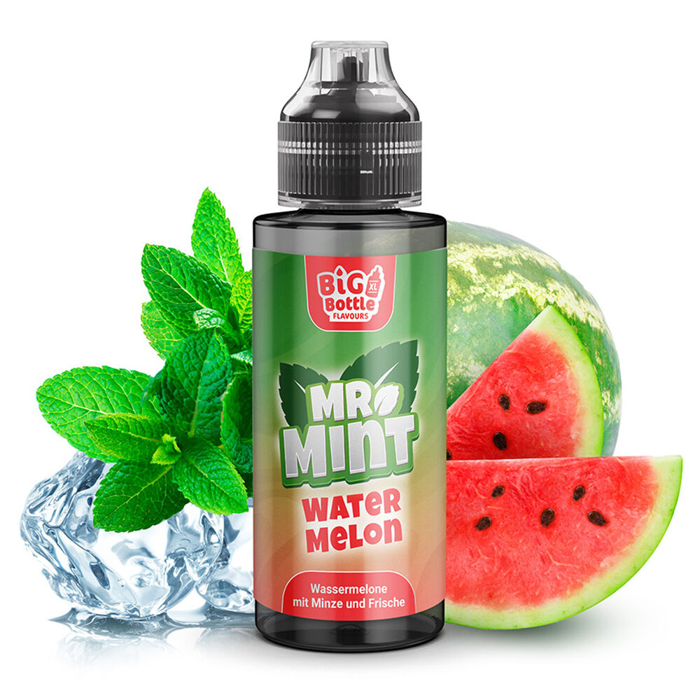 Aroma Watermelon von Mr. Mint Big Bottle Flavours Aroma - Mr. Mint Watermelon Flasche neben Wassermelone, Minzblättern und Eiswürfeln.