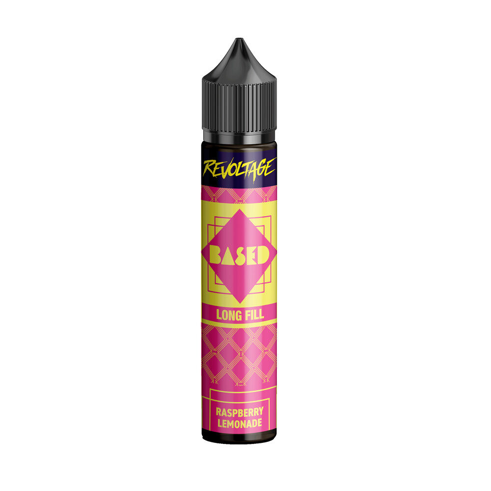revoltage-based-longfill-aroma-raspberry-lemonade Langes schwarzes Fläschchen mit gelb-pinkem Etikett, Aufschrift "Revoltage Based Long Fill" und "Raspberry Lemonade".