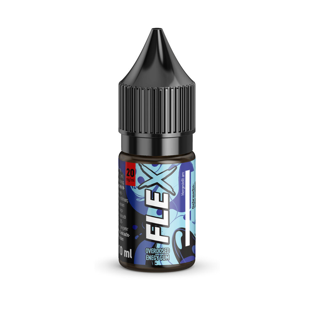 Flasche "Revoltage Flex Nikotinsalz" Energy Gum 20mg mit blau-schwarzem Etikett und schwarzem Tropfverschluss, 10ml Inhalt.