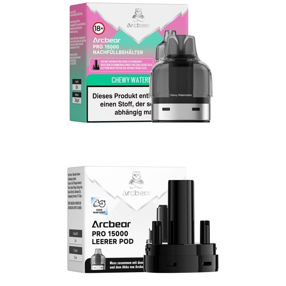 Arcbear Pro 15000 Pods - Chewy Watermelon 20mg Arcbear Pro 15000 Nachfüllbehälter und leerer Pod, Chewy Watermelon Geschmack, abgebildet mit Verpackungen, Branding deutlich sichtbar