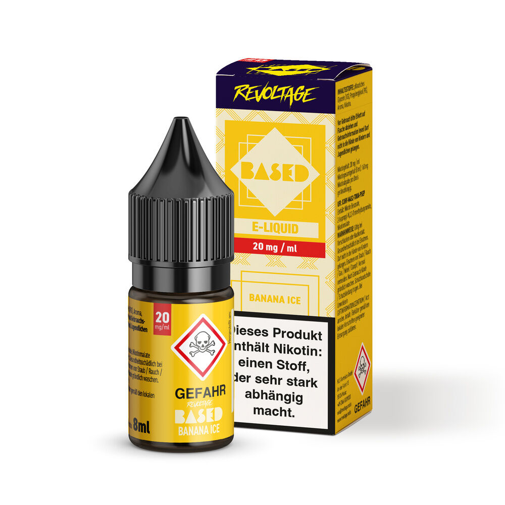 E-Liquid-Flasche und Verpackung von Revoltage Based Hybrid Liquid Banana Ice, 20 mg/ml, mit Nikotin-Warnhinweis und Totenkopf-Symbol.