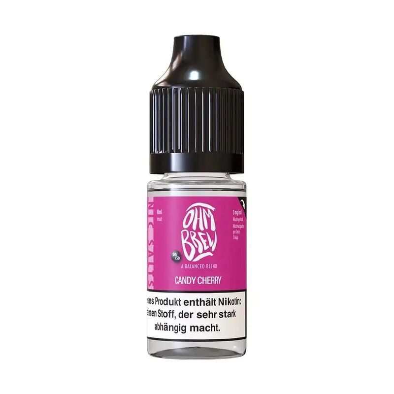 Liquid Candy Cherry von Ohm Brew Ohm Brew Nikotinsalz - Candy Cherry Flasche mit schwarzem Deckel und pinkem Etikett; enthält Nikotin, das stark abhängig macht.