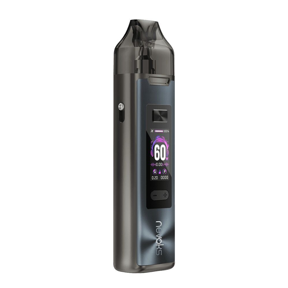 Nevoks Feelin XR Pro Pod Kit in der Farbe Glory Black Nevoks Feelin XR Pro Pod Kit in Glory Black mit digitalem Display, 60W-Anzeige, Steuerknöpfen und seitlichem Feuerknopf.