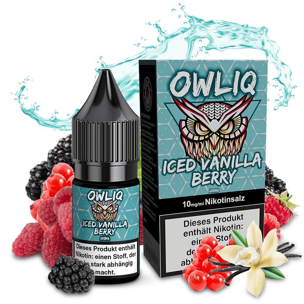 Owliq Nikotinsalz - Iced Vanilla Berry Owliq Nikotinsalz Iced Vanilla Berry Flasche und Verpackung mit Eule, umgeben von Beeren, Vanilleblüte und spritzendem Wasser.