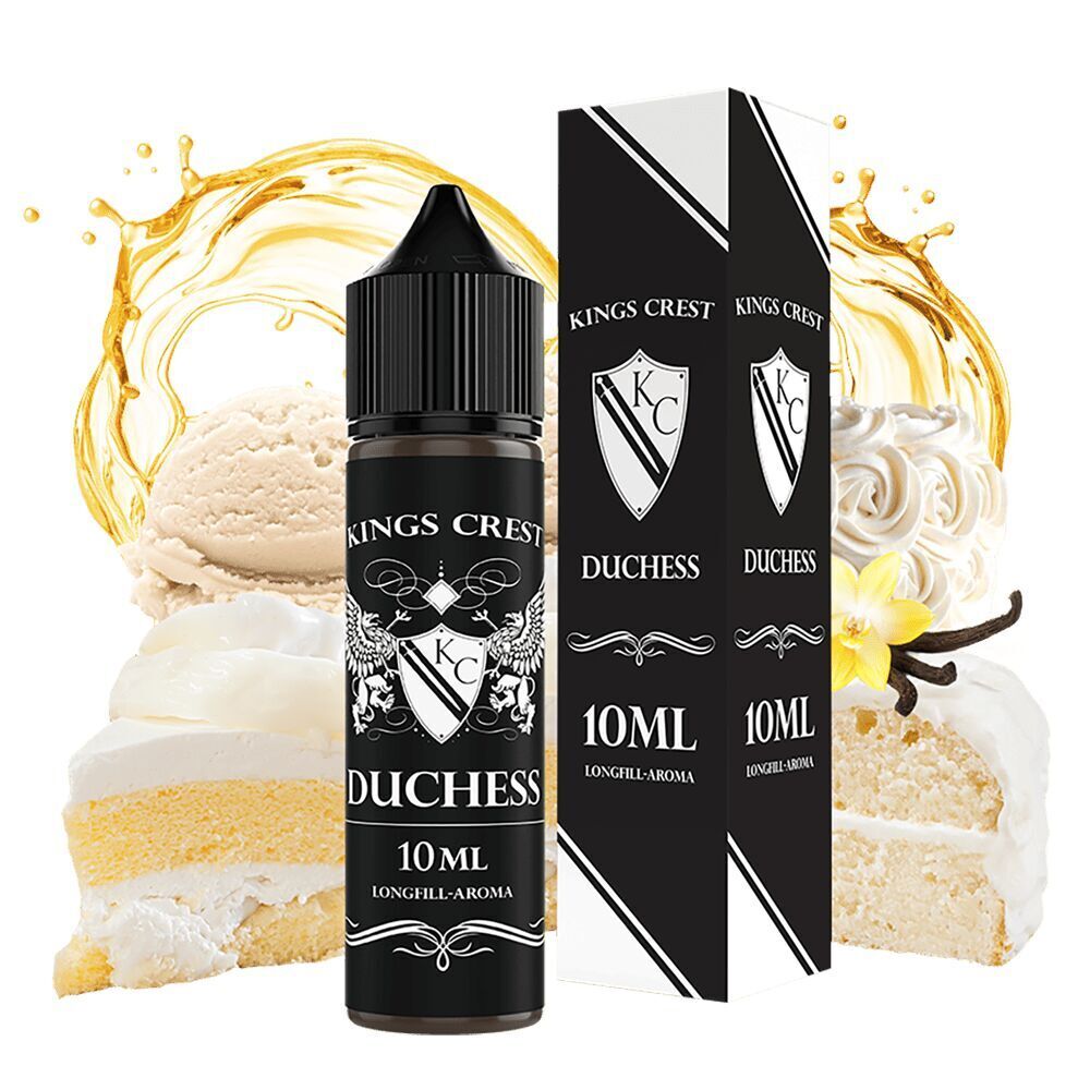 Kings Crest Aroma - Duchess Kings Crest Duchess Aroma 10 ml Flasche mit schwarzem Etikett und Verpackung, umgeben von Sahnetorte, Vanilleblüten und Sahnewirbeln