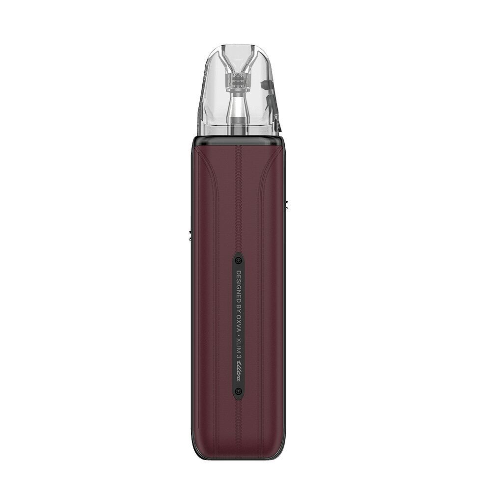 Oxva Xlim 3 Ultra Pod Kit in Bordeaux Red, elegantes Design mit transparentem Mundstück und zentralem vertikalem Branding-Text.
