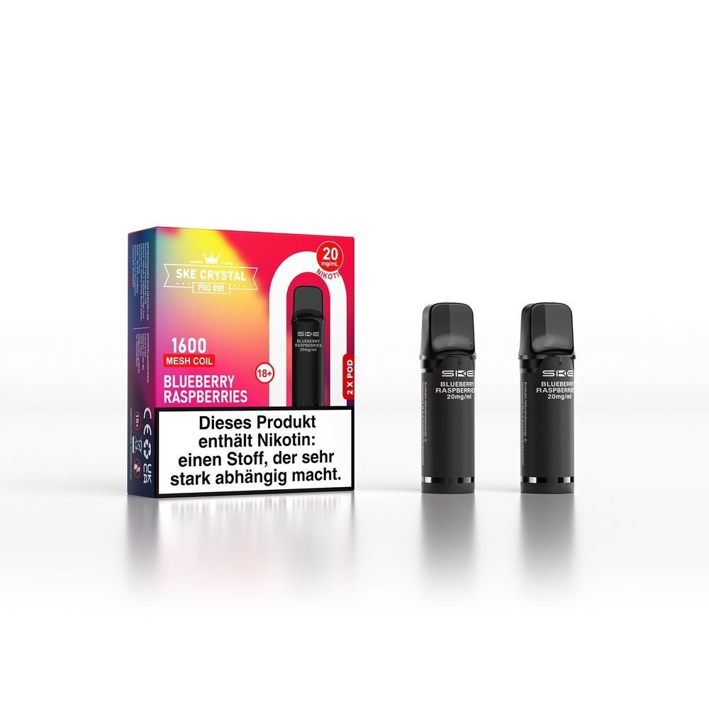 SKE Crystal 800 Pro Pods - Blueberry Raspberries SKE Crystal Pro Pods mit Blueberry Raspberries Aroma, 1600 Mesh Coil, 20 mg Nikotin, Warnhinweis zur Suchtgefahr